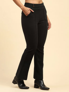 Black Solid Poly Viscose Relaxed Fit Trouser For Winter