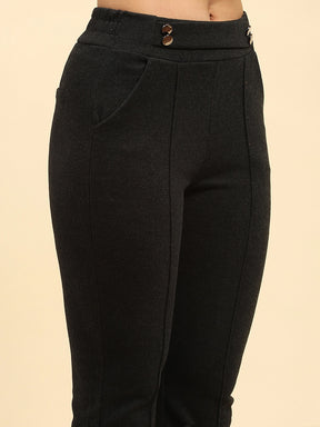 Black Solid Poly Viscose Relaxed Fit Trouser For Winter