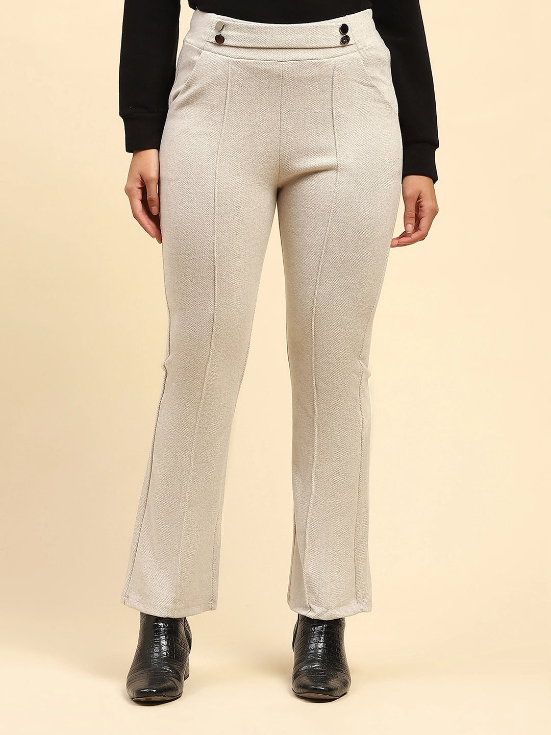 Ecru Solid Poly Viscose Relaxed Fit Trouser For Winter