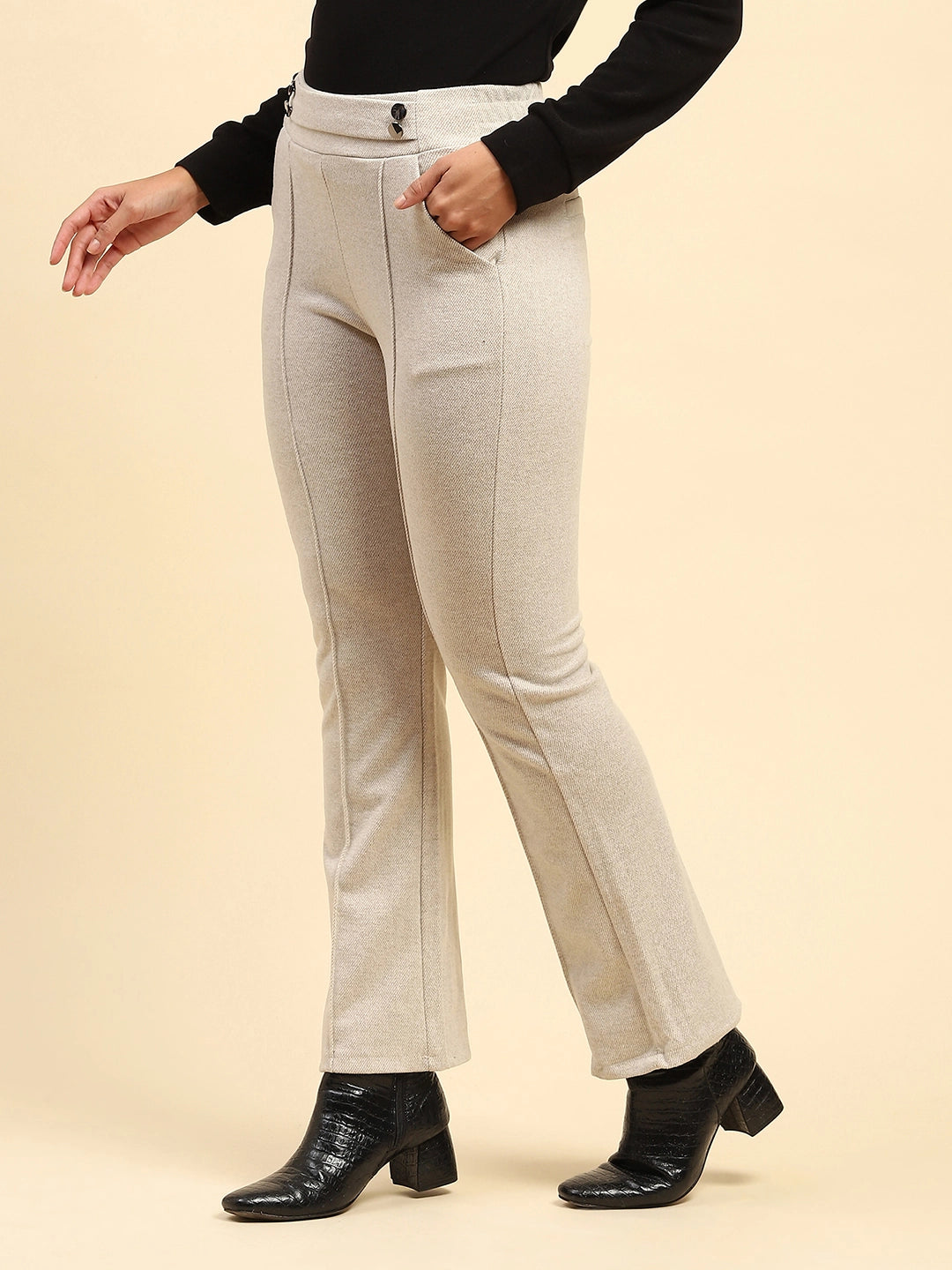 Ecru Solid Poly Viscose Relaxed Fit Trouser For Winter