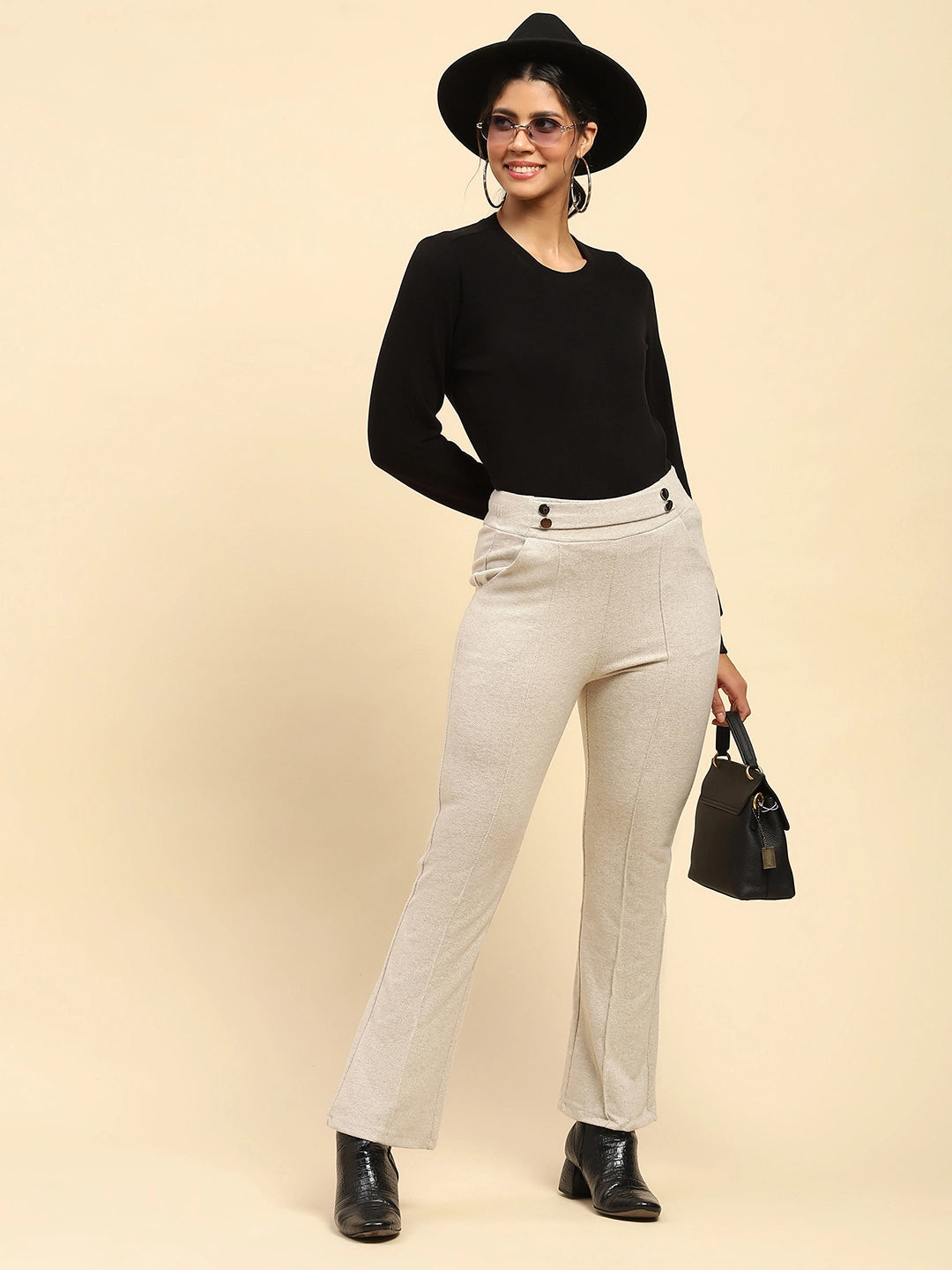 Ecru Solid Poly Viscose Relaxed Fit Trouser For Winter