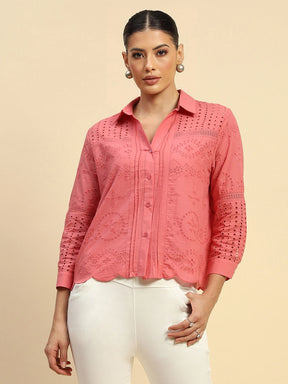 Pink Cotton Schiffli  Embroidered Loose Fit Shirt