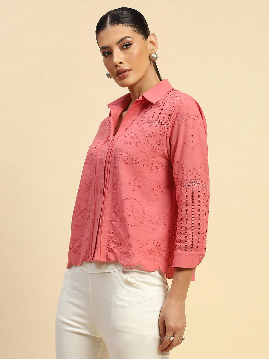 Pink Cotton Schiffli  Embroidered Loose Fit Shirt