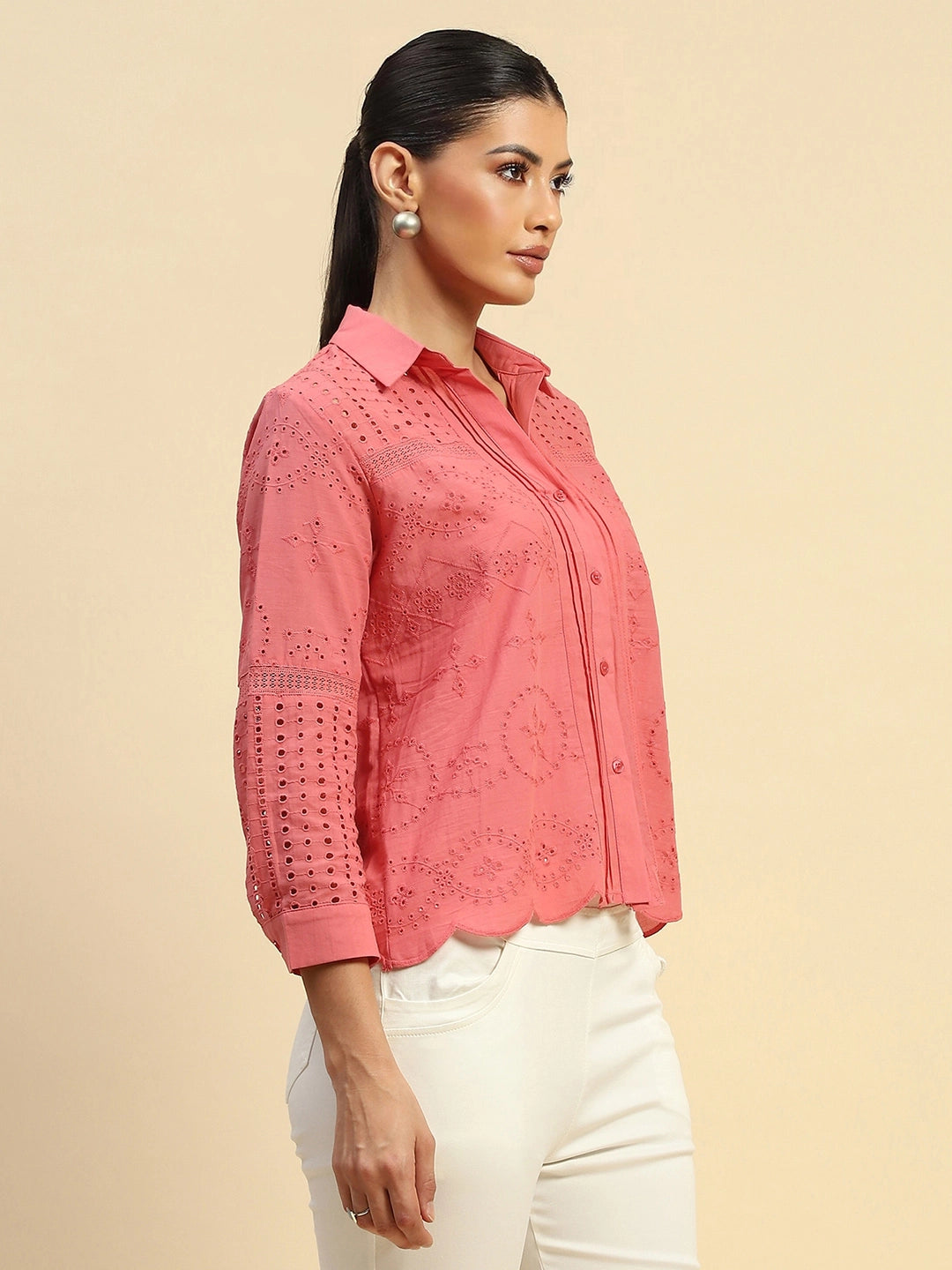 Pink Cotton Schiffli  Embroidered Loose Fit Shirt