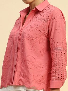 Pink Cotton Schiffli  Embroidered Loose Fit Shirt