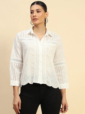 White Cotton Schiffli Embroidered Loose Fit Shirt