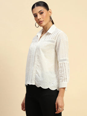 White Cotton Schiffli Embroidered Loose Fit Shirt