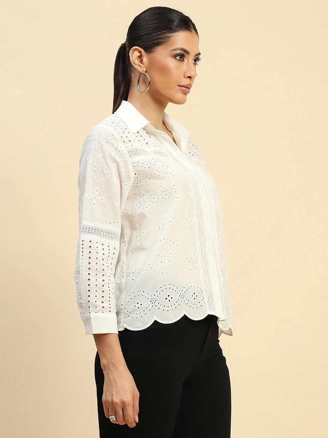 White Cotton Schiffli Embroidered Loose Fit Shirt