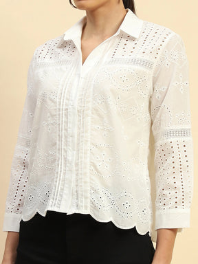 White Cotton Schiffli Embroidered Loose Fit Shirt