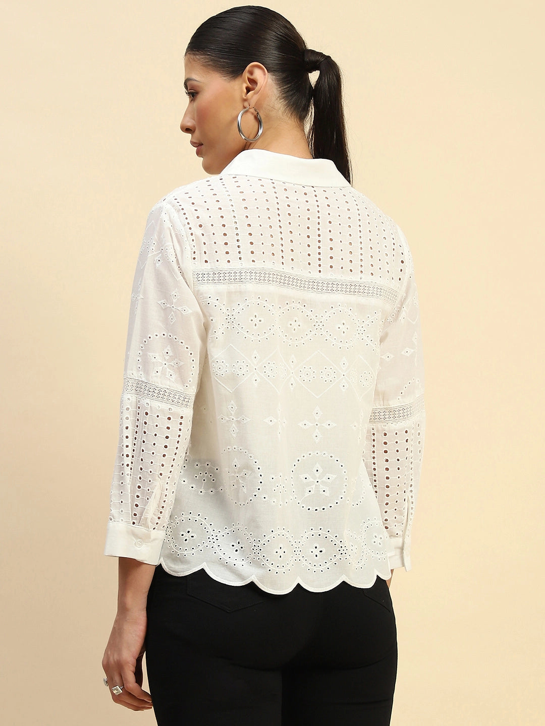 White Cotton Schiffli Embroidered Loose Fit Shirt