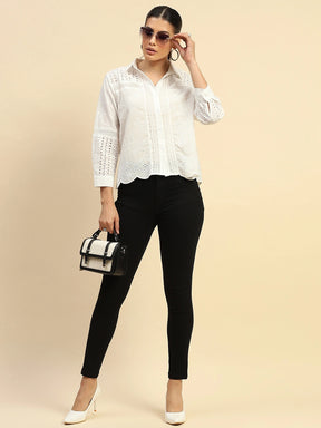 White Cotton Schiffli Embroidered Loose Fit Shirt