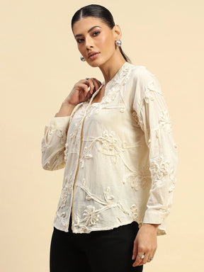 Cream Cotton Relaxed Fit Shirt For Women