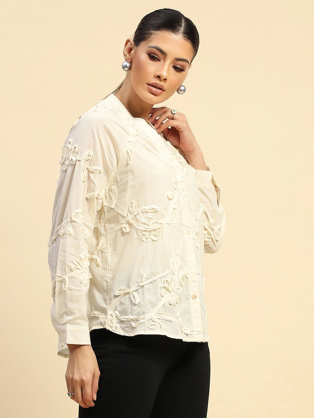 Cream Cotton Relaxed Fit Shirt For Women