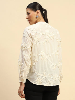 Cream Cotton Relaxed Fit Shirt For Women