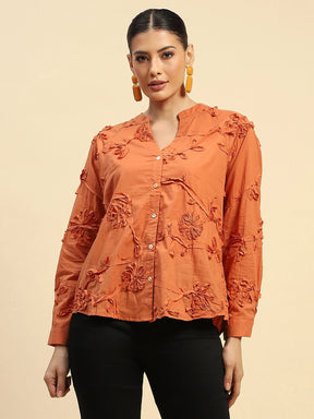 Rust Cotton Relaxed Fit Shirt For Women