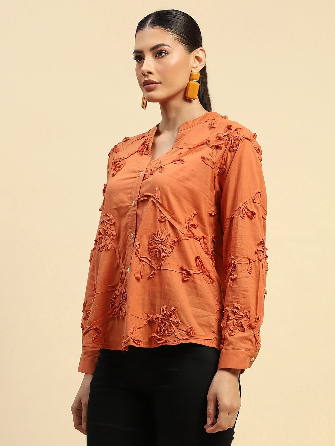 Rust Cotton Relaxed Fit Shirt For Women