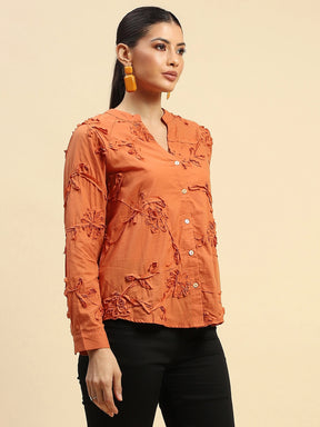 Rust Cotton Relaxed Fit Shirt For Women