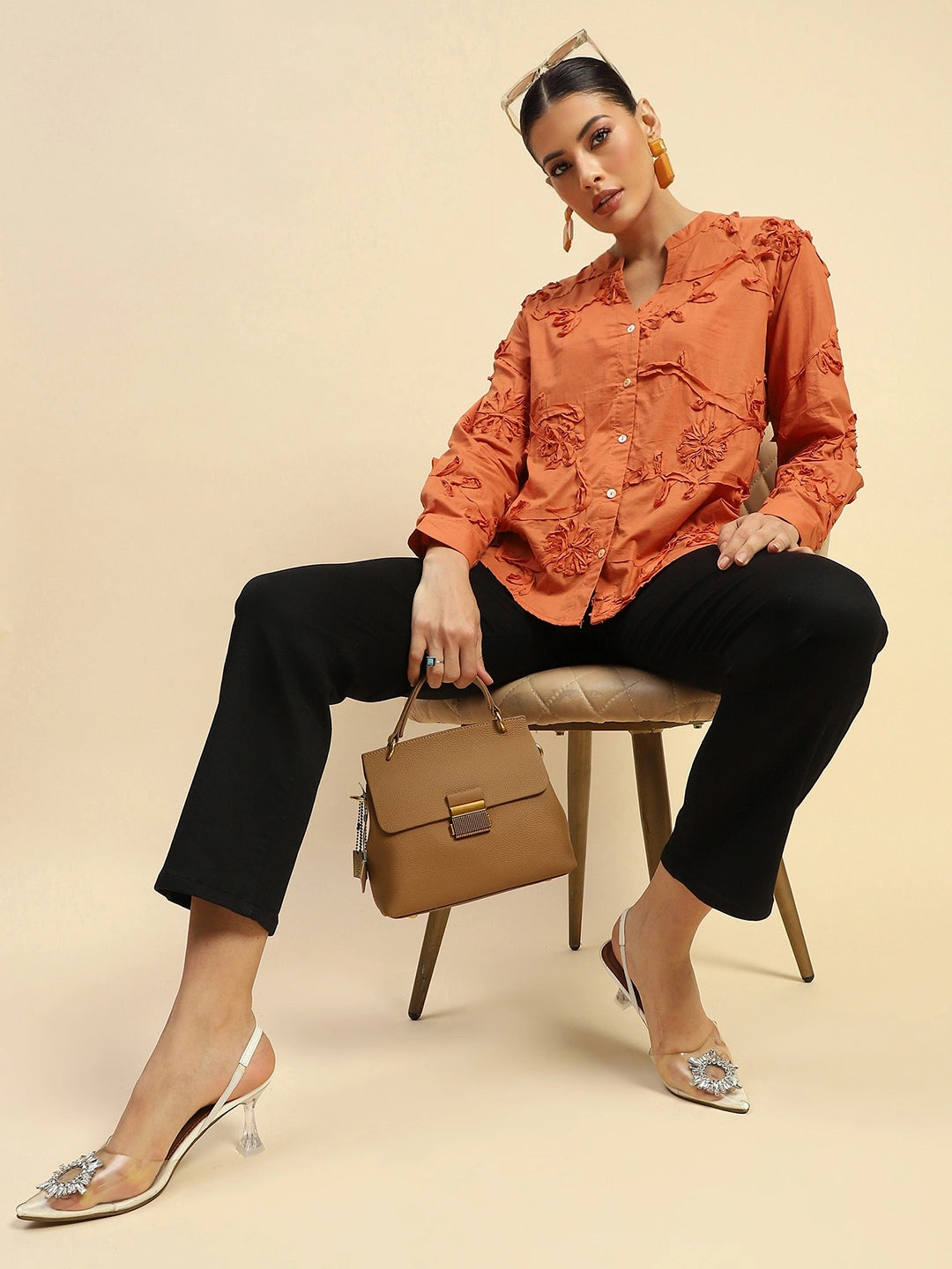 Rust Cotton Relaxed Fit Shirt For Women