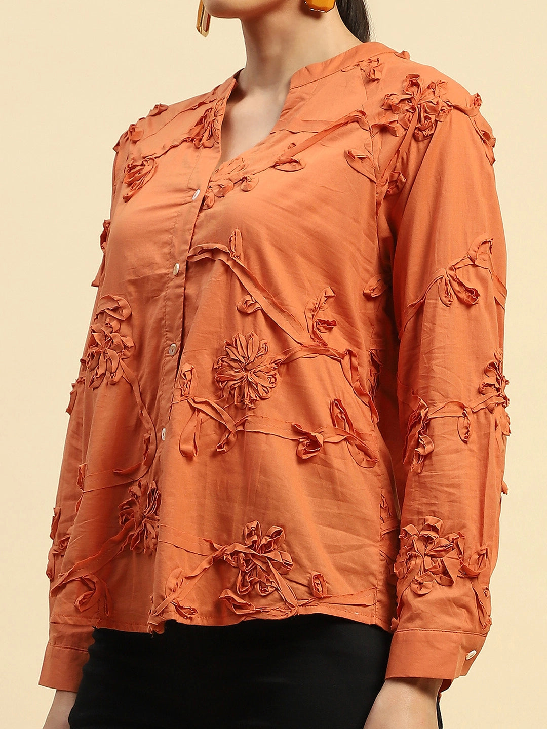 Rust Cotton Relaxed Fit Shirt For Women