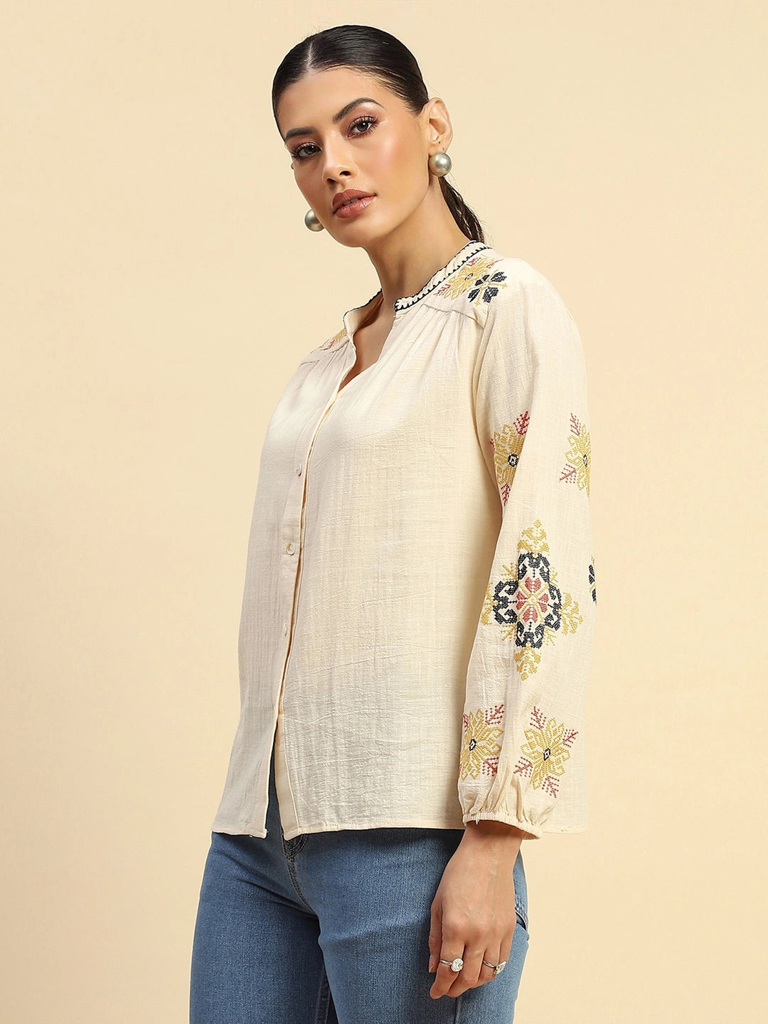 Cream Cotton Relaxed Fit Shirt For Women