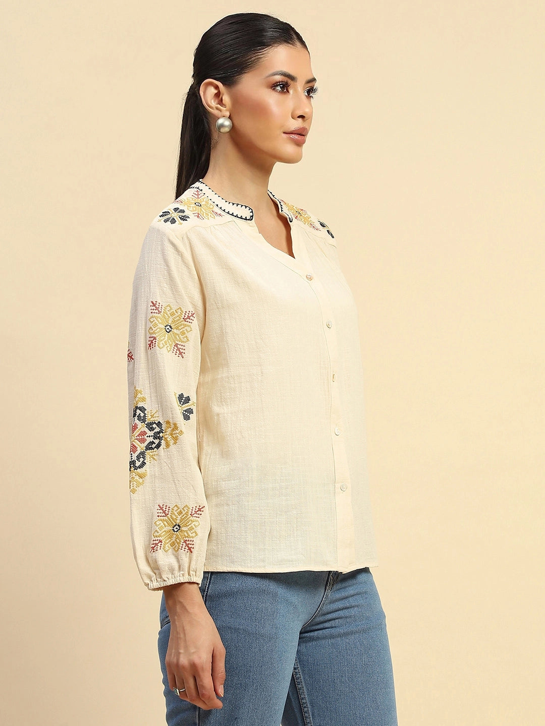 Cream Cotton Relaxed Fit Shirt For Women