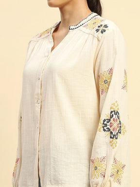 Cream Cotton Relaxed Fit Shirt For Women