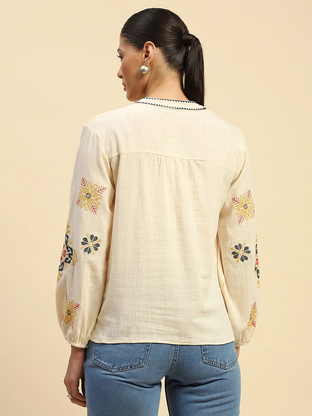 Cream Cotton Relaxed Fit Shirt For Women