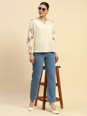 Cream Cotton Relaxed Fit Shirt For Women