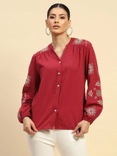 Wine Cotton Relaxed Fit Shirt For Women