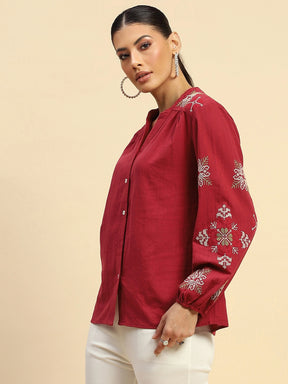 Wine Cotton Relaxed Fit Shirt For Women