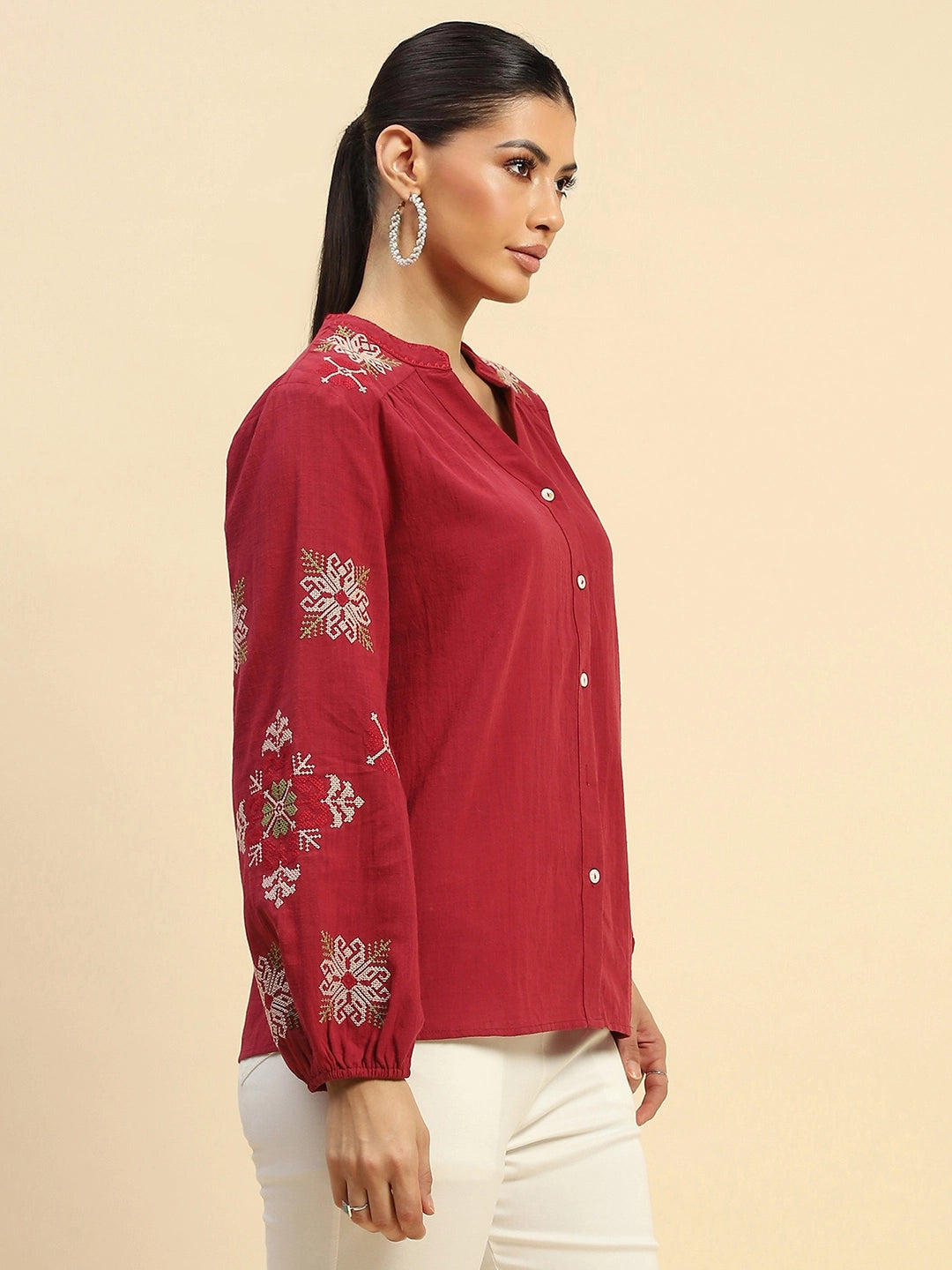 Wine Cotton Relaxed Fit Shirt For Women