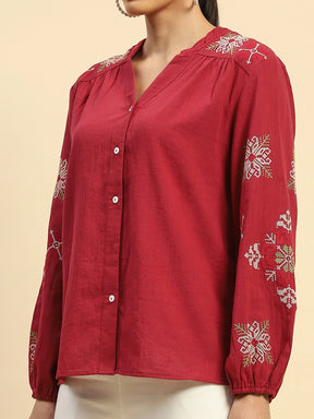 Wine Cotton Relaxed Fit Shirt For Women