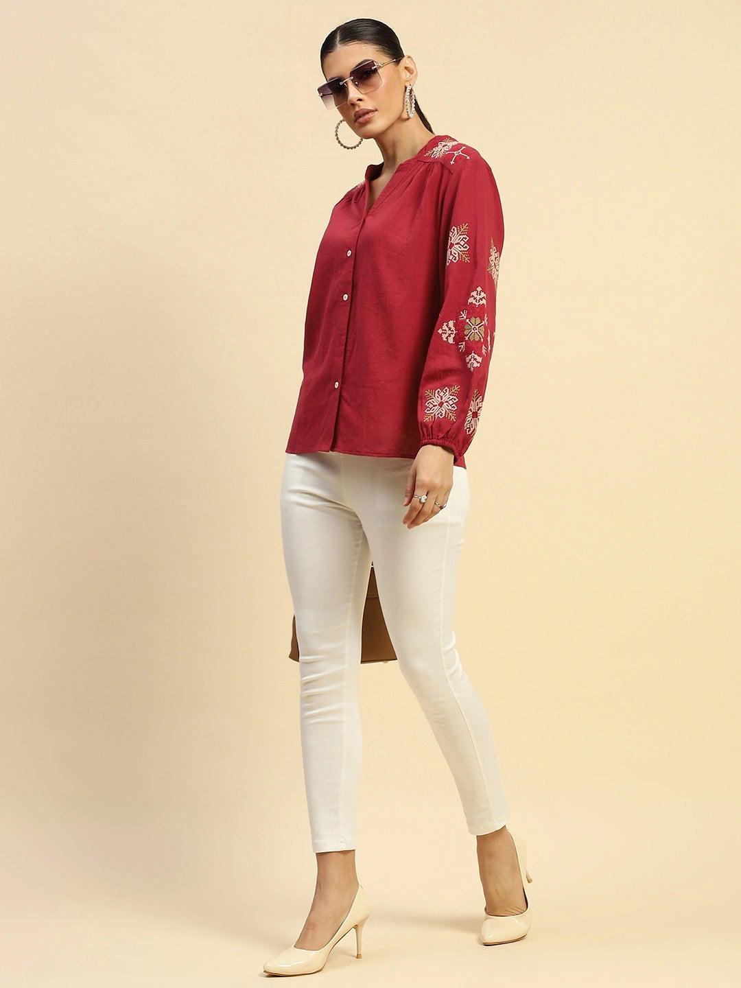 Wine Cotton Relaxed Fit Shirt For Women