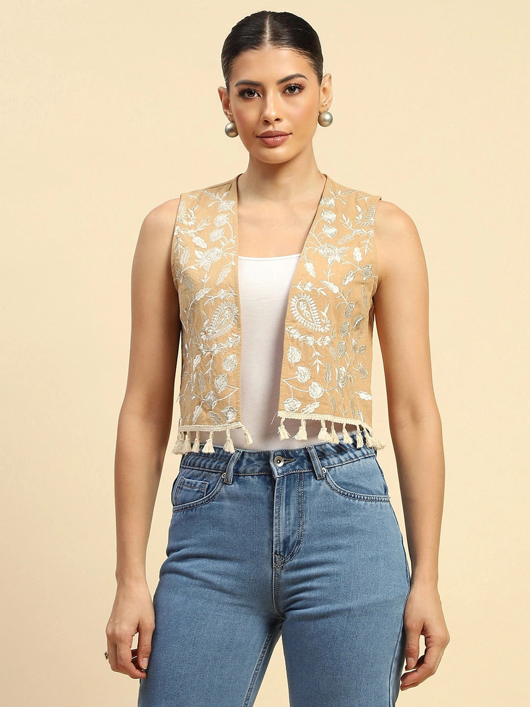 Beige Cotton Relaxed Fit Waist Coat For Women