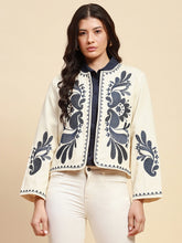 Cream And Blue Cotton Loose Fit Shrug For Women