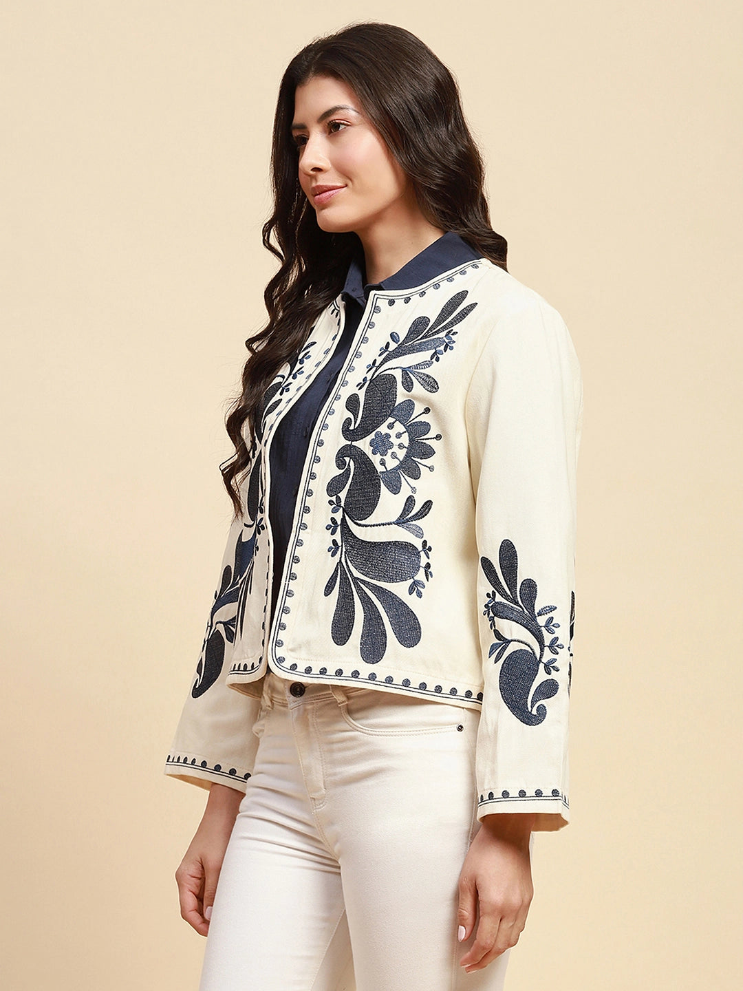 Cream And Blue Cotton Loose Fit Shrug For Women