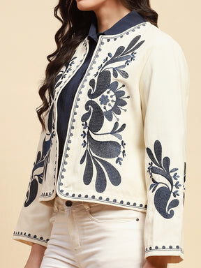 Cream And Blue Cotton Loose Fit Shrug For Women