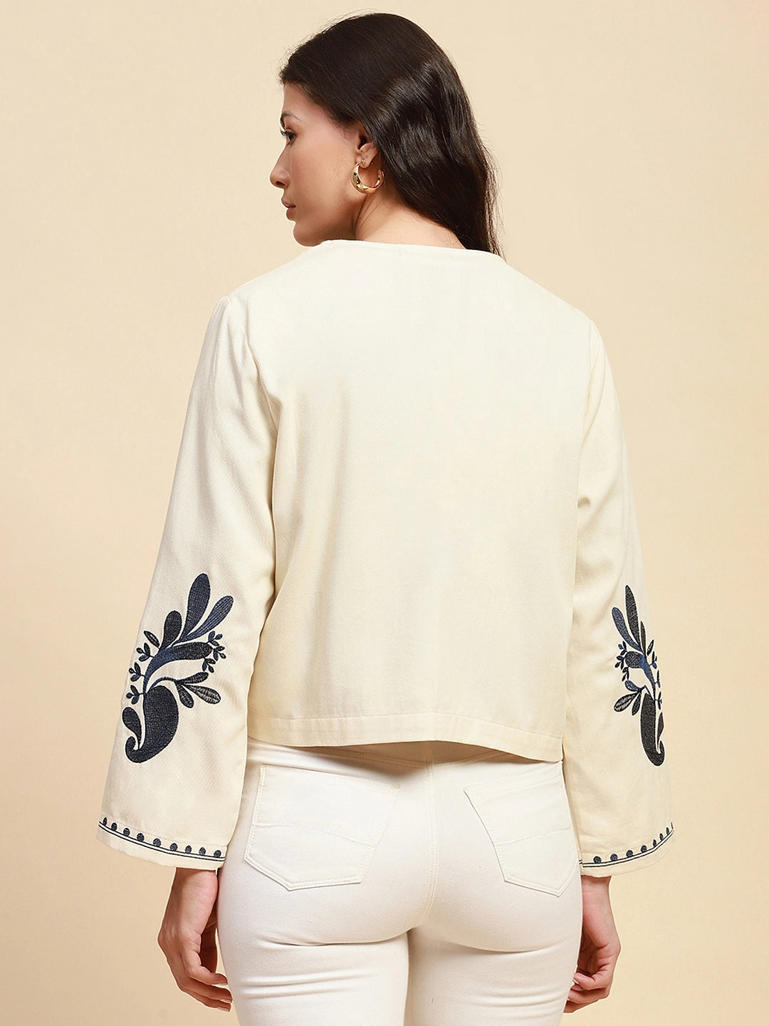 Cream And Blue Cotton Loose Fit Shrug For Women