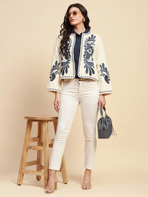 Cream And Blue Cotton Loose Fit Shrug For Women