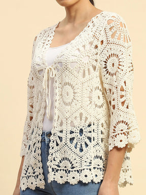 Beige Cotton Loose Fit Shrug For Women