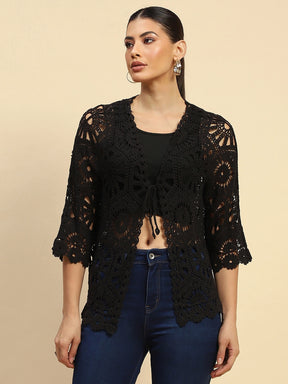 Black Cotton Loose Fit Shrug For Women