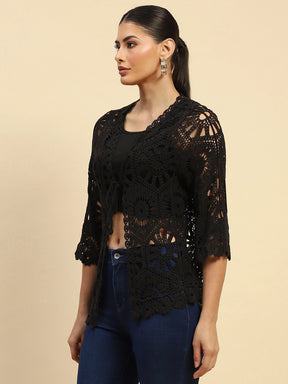 Black Cotton Loose Fit Shrug For Women