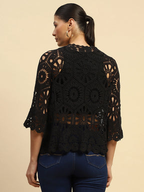 Black Cotton Loose Fit Shrug For Women