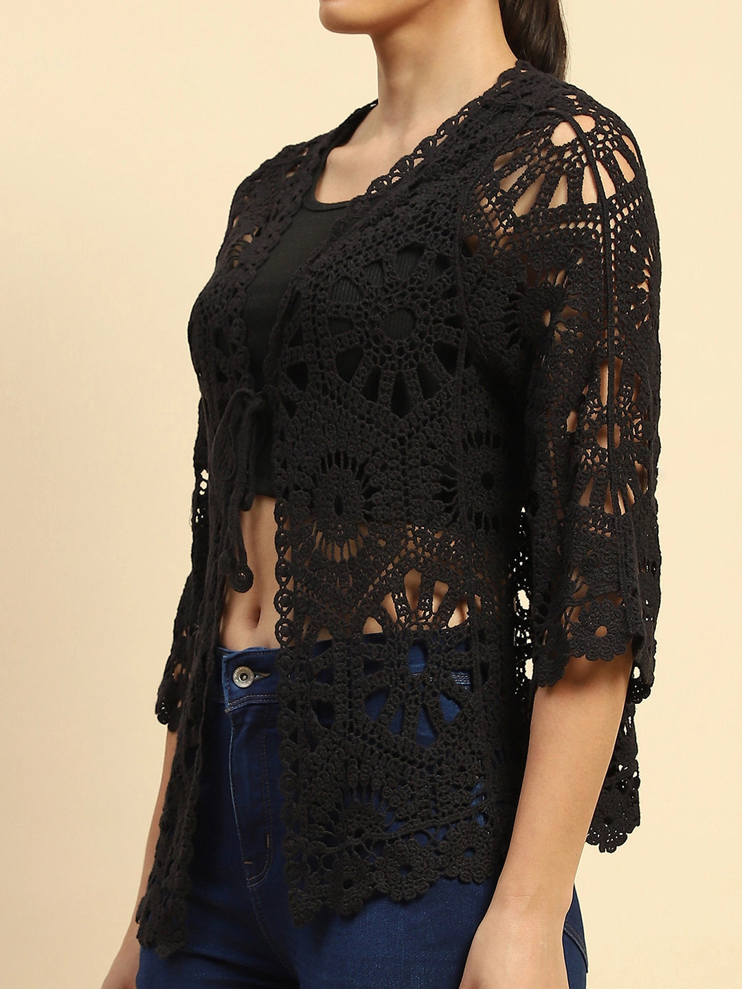 Black Cotton Loose Fit Shrug For Women