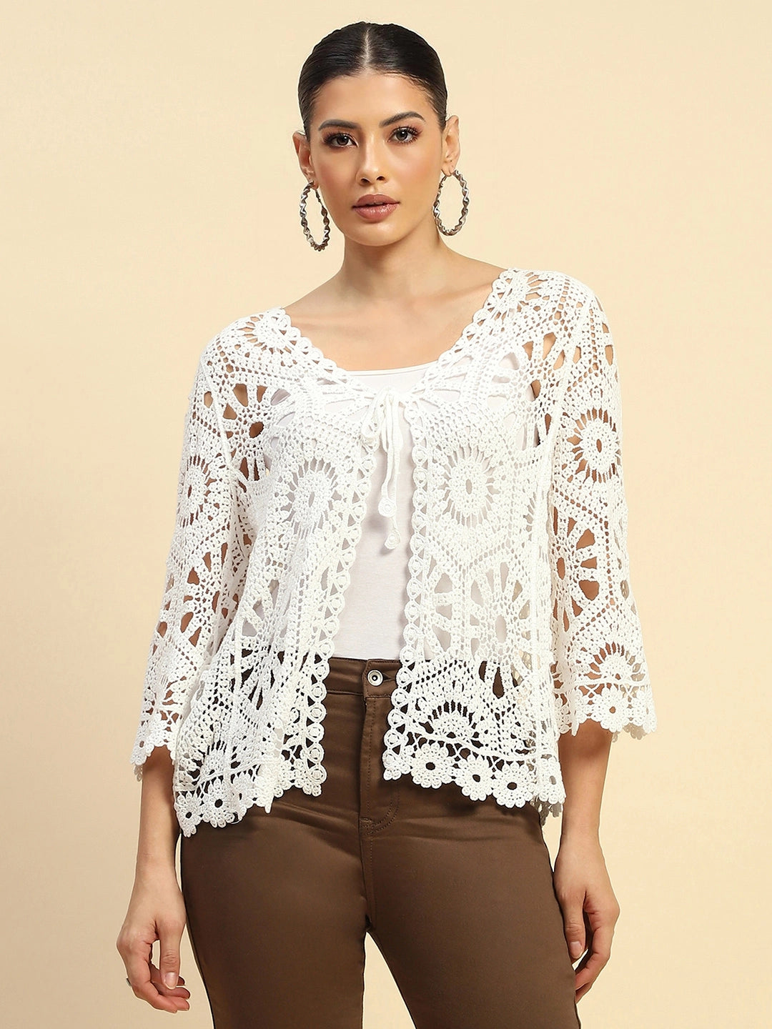 White Cotton Loose Fit Shrug For Women