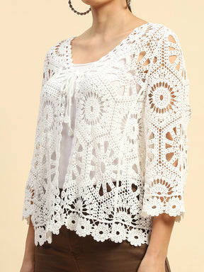 White Cotton Loose Fit Shrug For Women