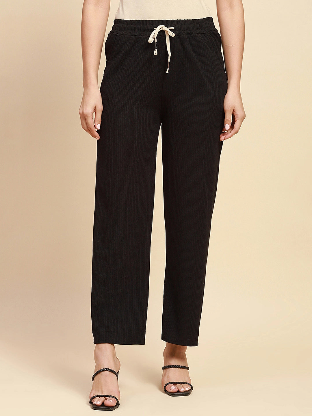 Black Poly Blend Relaxed Fit Lower For Women