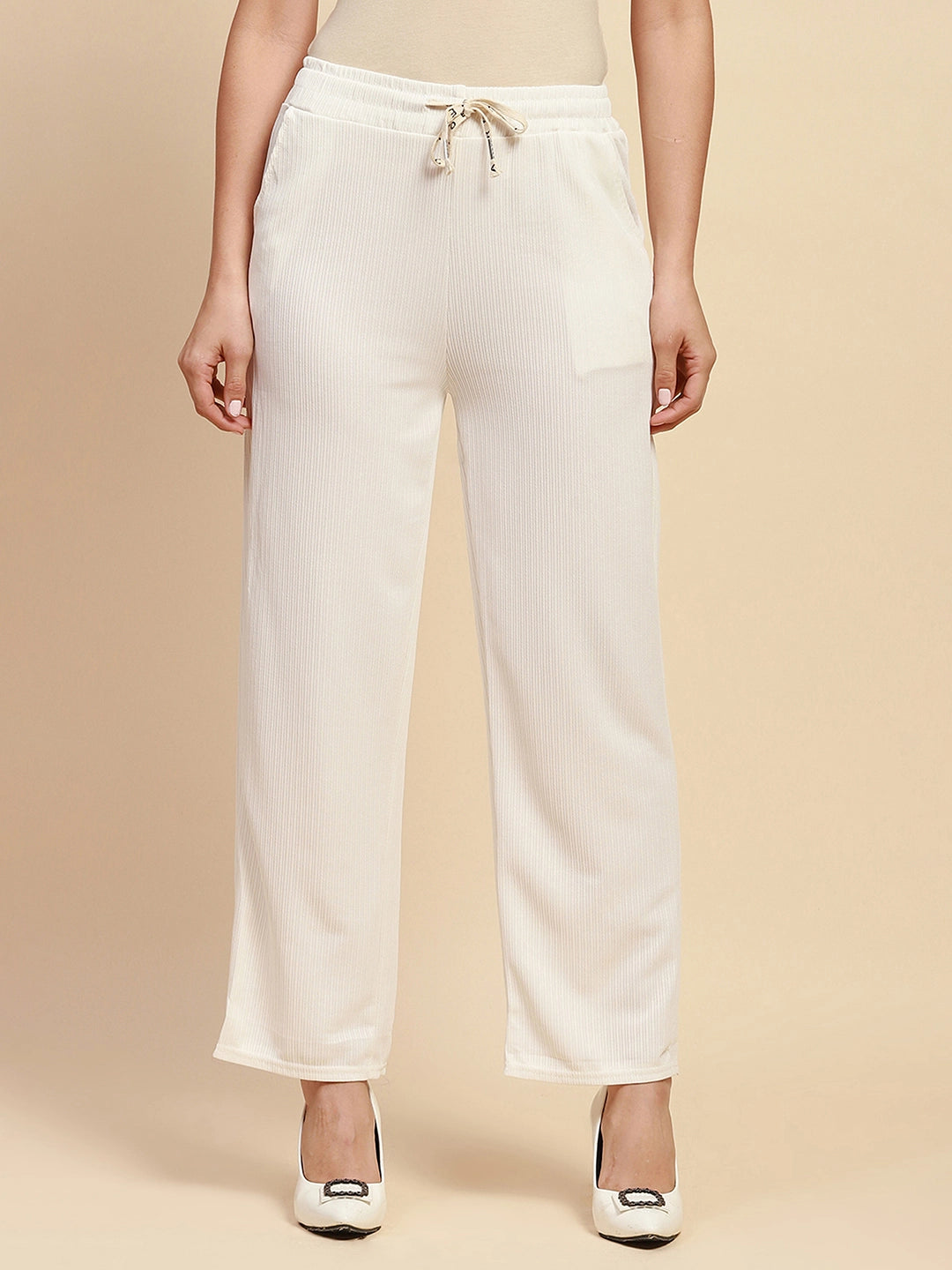 Off White Poly Blend Relaxed Fit Lower For Women