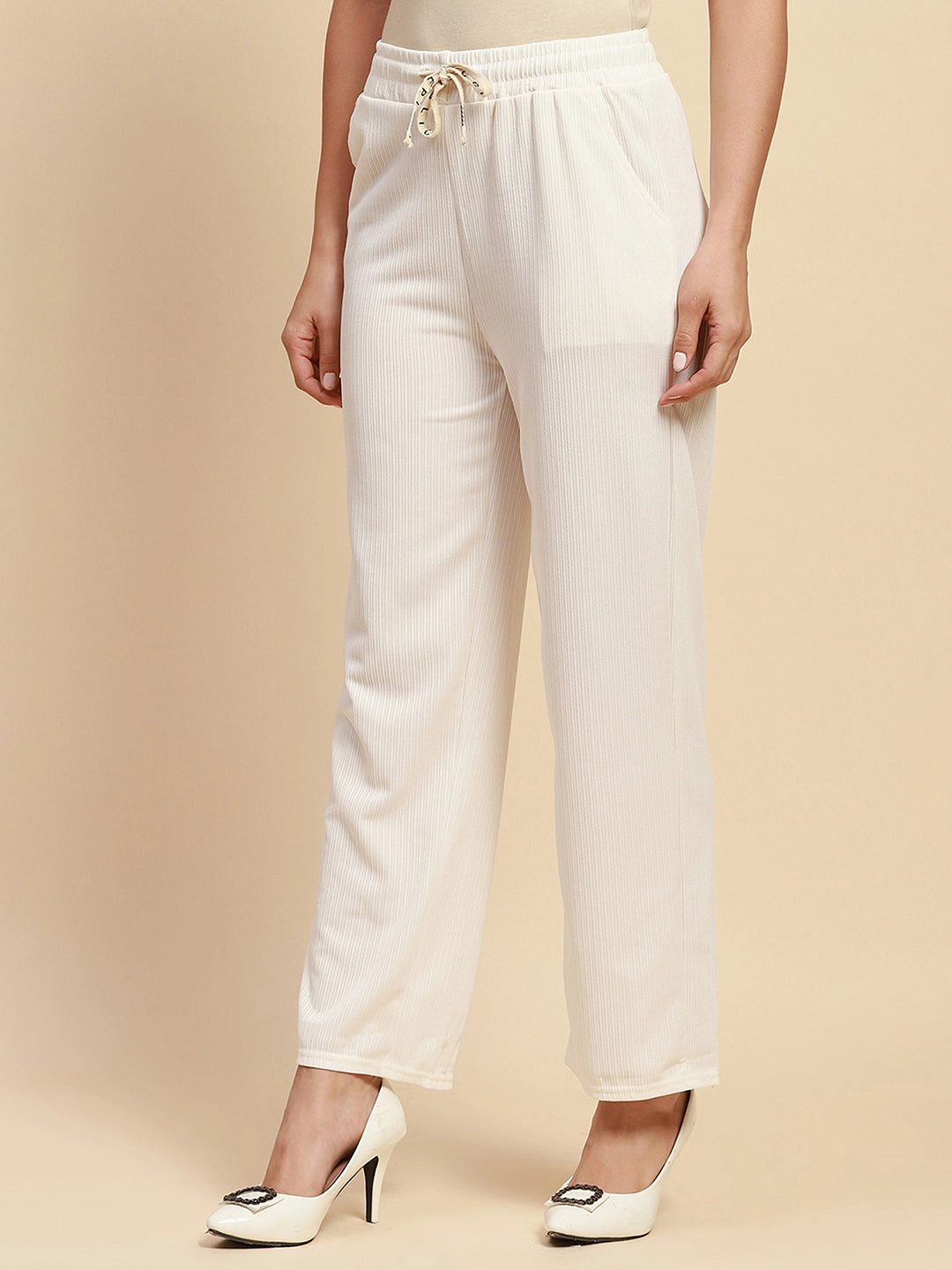 Off White Poly Blend Relaxed Fit Lower For Women