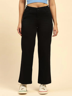 Black Cotton Blend Stretchable Wide Leg Trouser